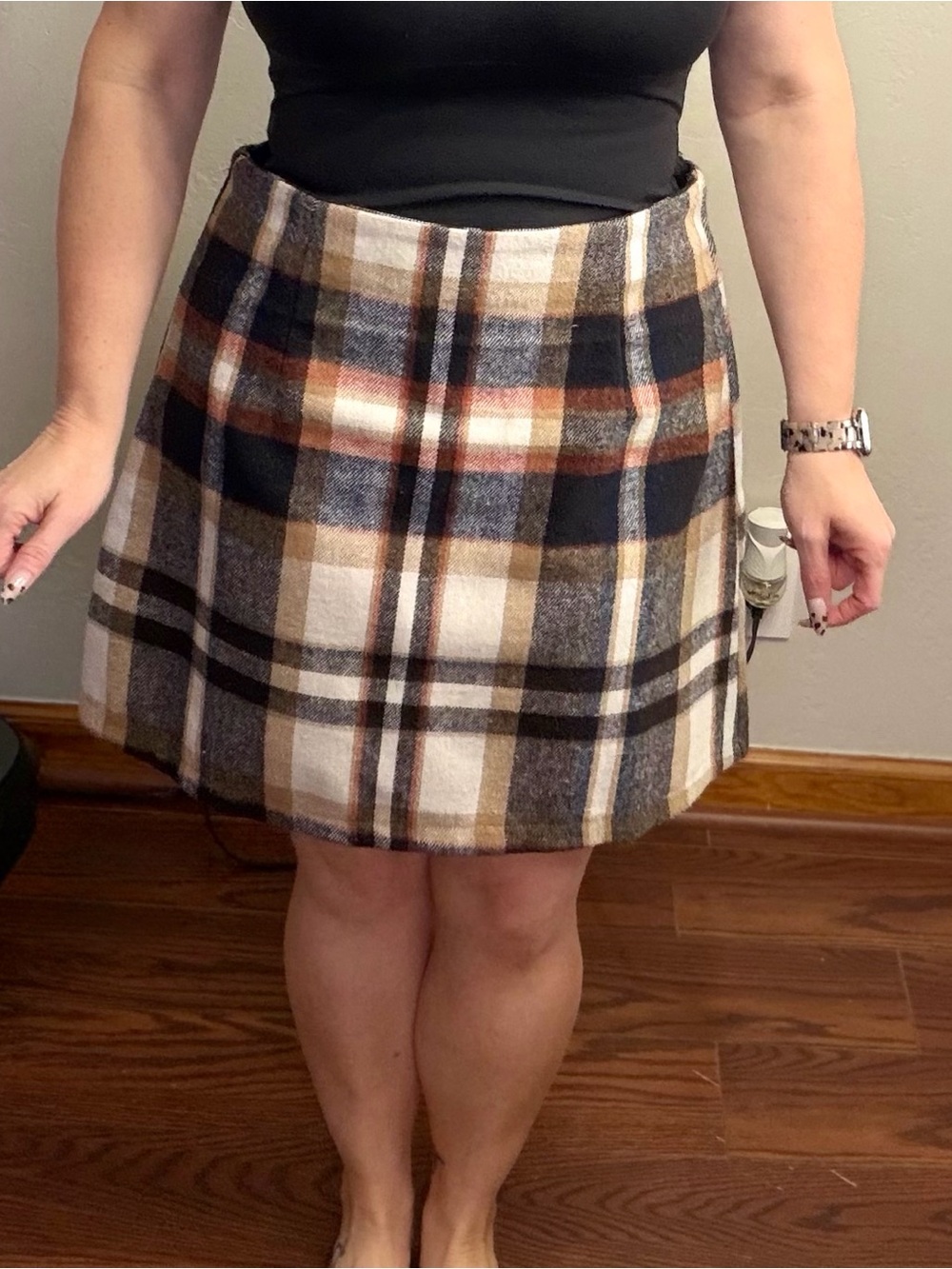 SHEIN Plaid A-Line Mini Skirt Size XL 12 Tan Black Rust Side Zip Fall